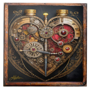 Steampunk Rubies And Gears Dark Heart Ceramic Tile