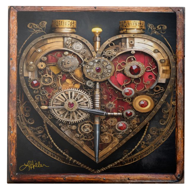 Steampunk Rubies And Gears Dark Heart  Ceramic Tile (Front)