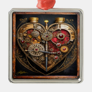Steampunk Rubies And Gears Dark Heart Metal Ornament
