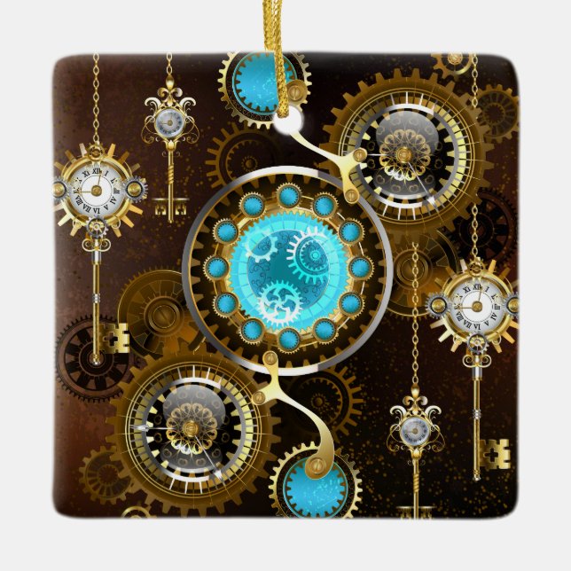 Steampunk Rusty Background with Turquoise Lenses Ceramic Ornament (Front)