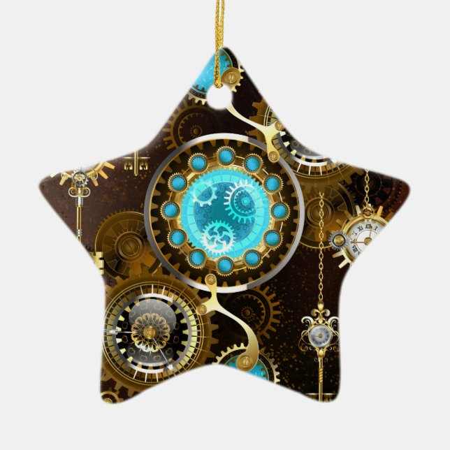 Steampunk Rusty Background with Turquoise Lenses Ceramic Ornament (Front)