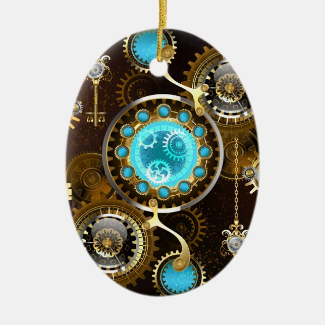 Steampunk Rusty Background with Turquoise Lenses Ceramic Ornament (Front)