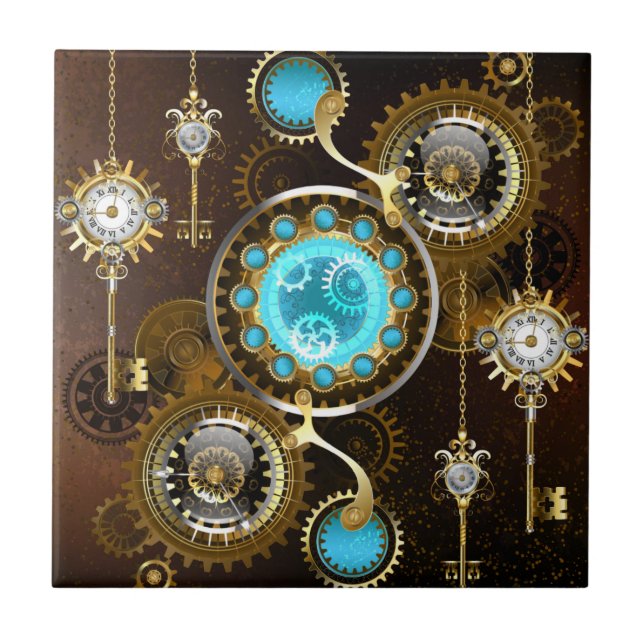 Steampunk Rusty Background with Turquoise Lenses Ceramic Tile (Front)