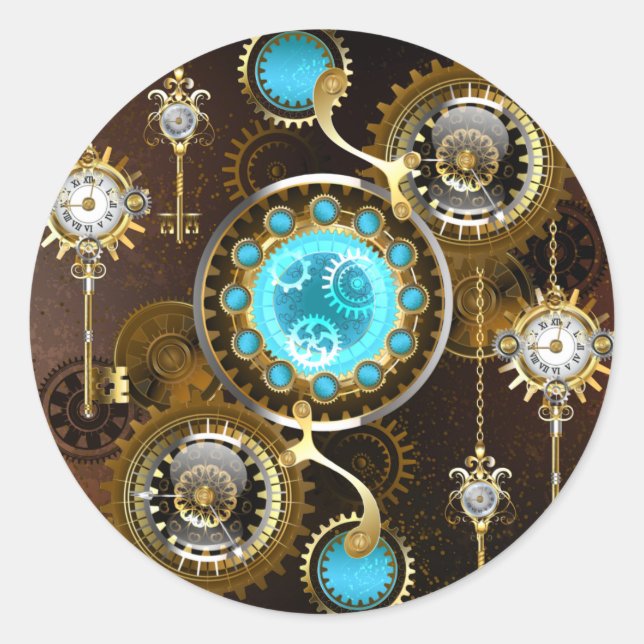 Steampunk Rusty Background with Turquoise Lenses Classic Round Sticker (Front)