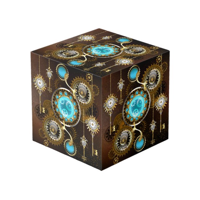 Steampunk Rusty Background with Turquoise Lenses Cube (Front Angled)
