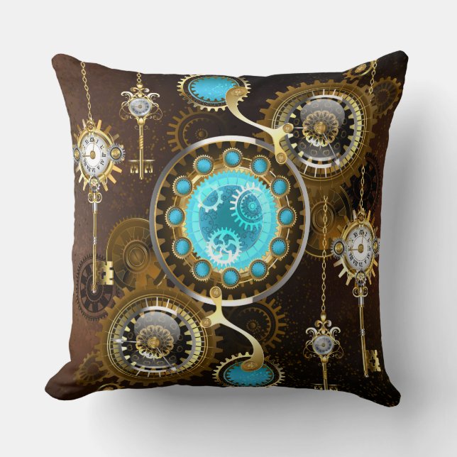 Steampunk Rusty Background with Turquoise Lenses Cushion (Front)