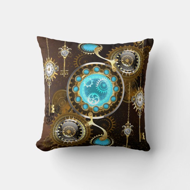 Steampunk Rusty Background with Turquoise Lenses Cushion (Front)