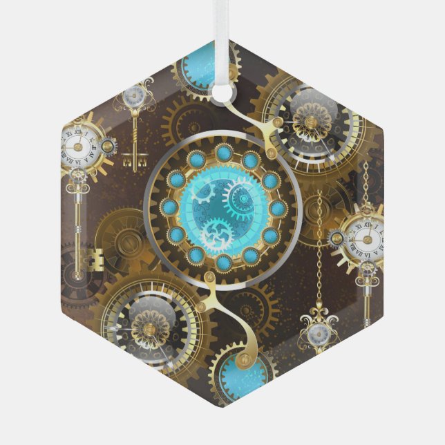 Steampunk Rusty Background with Turquoise Lenses Glass Tree Decoration (Front)