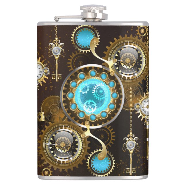 Steampunk Rusty Background with Turquoise Lenses Hip Flask (Front)