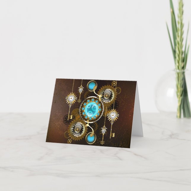 Steampunk Rusty Background with Turquoise Lenses Holiday Card (Front)