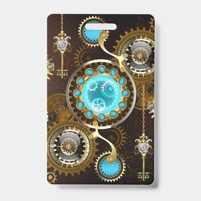 Steampunk Rusty Background with Turquoise Lenses ID Badge (Front)