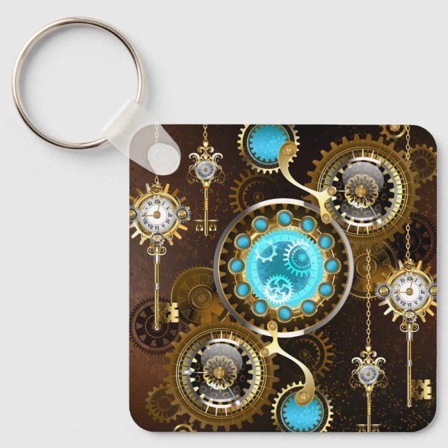 Steampunk Rusty Background with Turquoise Lenses Key Ring (Front)