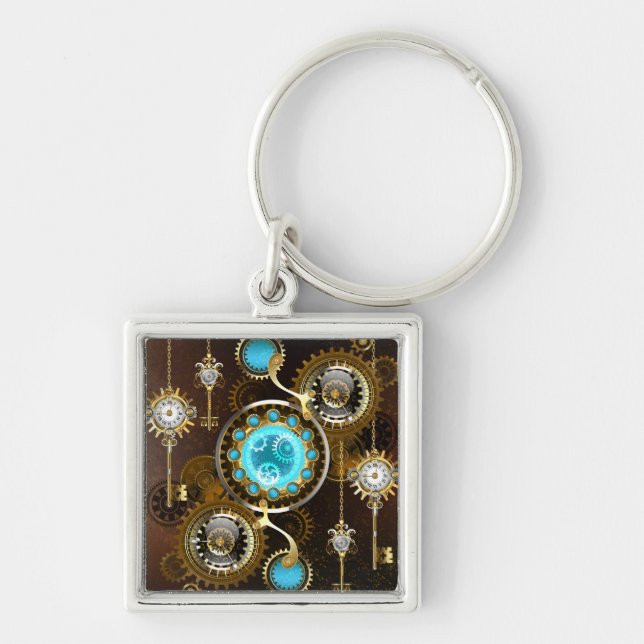 Steampunk Rusty Background with Turquoise Lenses Key Ring (Front)