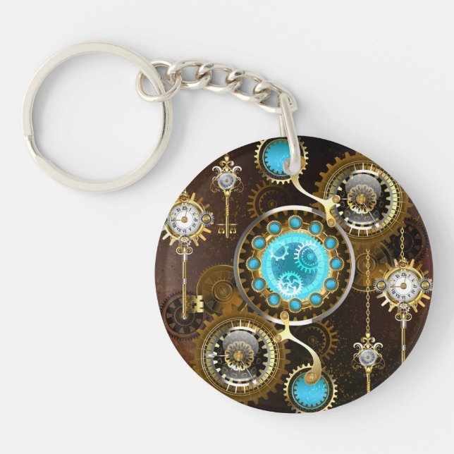 Steampunk Rusty Background with Turquoise Lenses Key Ring (Front)