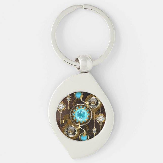 Steampunk Rusty Background with Turquoise Lenses Key Ring (Front)