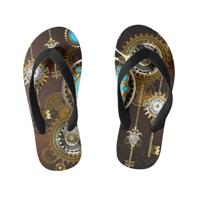 Steampunk Rusty Background with Turquoise Lenses Kid's Thongs (Footbed)