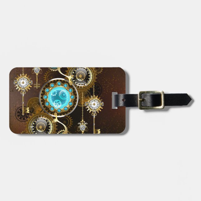 Steampunk Rusty Background with Turquoise Lenses Luggage Tag (Front Horizontal)
