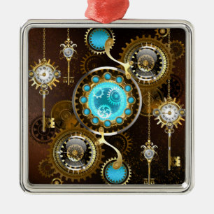 Steampunk Rusty Background with Turquoise Lenses Metal Ornament