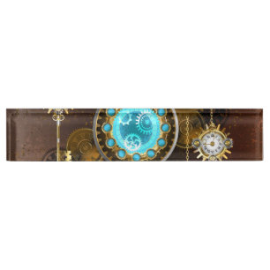 Steampunk Rusty Background with Turquoise Lenses Nameplate