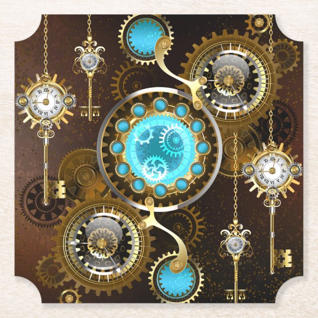 Steampunk Rusty Background with Turquoise Lenses Paper Coaster (Front)