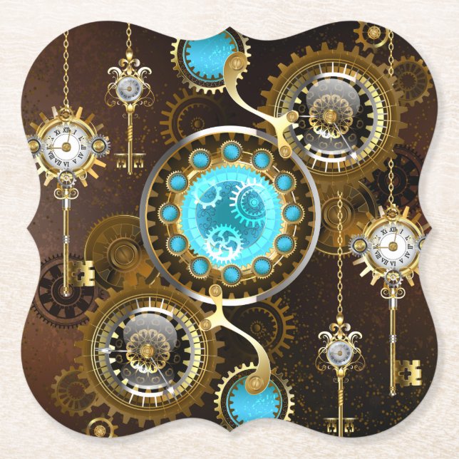 Steampunk Rusty Background with Turquoise Lenses Paper Coaster (Front)