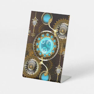 Steampunk Rusty Background with Turquoise Lenses Pedestal Sign