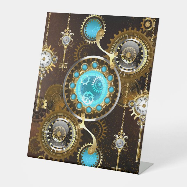 Steampunk Rusty Background with Turquoise Lenses Pedestal Sign (Front)