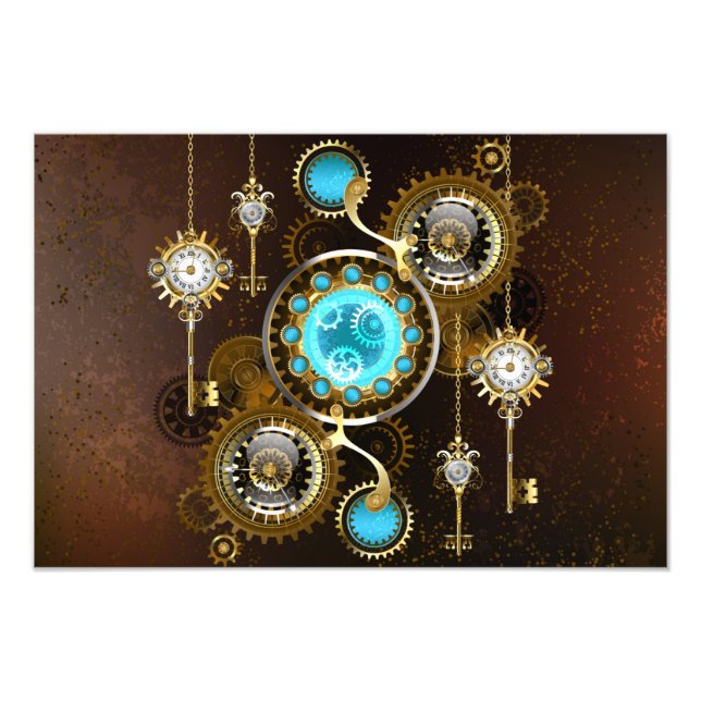 Steampunk Rusty Background with Turquoise Lenses Photo Print (Front)
