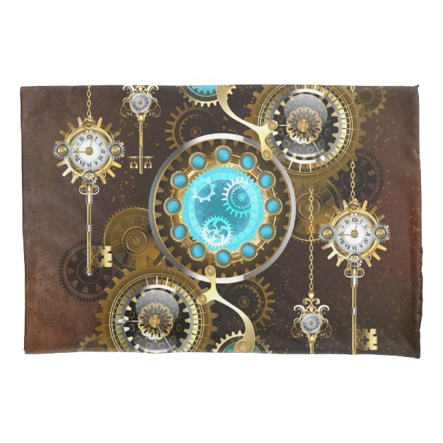 Steampunk Rusty Background with Turquoise Lenses Pillowcase (Front)