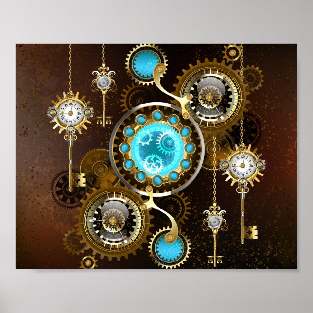 Steampunk Rusty Background with Turquoise Lenses Poster (Front)
