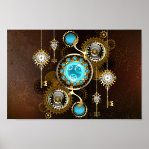 Steampunk Rusty Background with Turquoise Lenses Poster