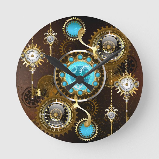 Steampunk Rusty Background with Turquoise Lenses Round Clock (Front)