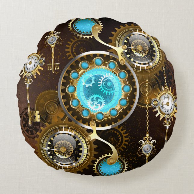 Steampunk Rusty Background with Turquoise Lenses Round Cushion (Front)
