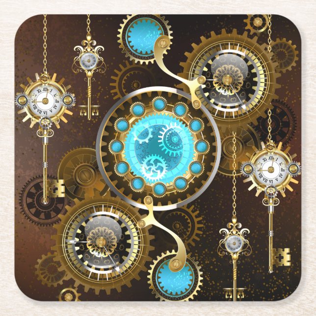 Steampunk Rusty Background with Turquoise Lenses Square Paper Coaster (Front)