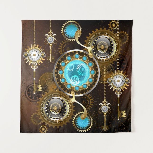 Steampunk Rusty Background with Turquoise Lenses Tapestry (Front)