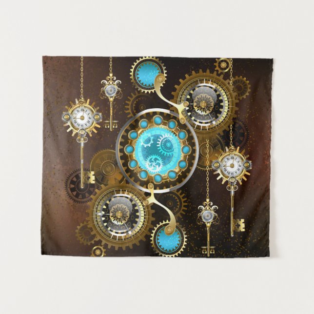 Steampunk Rusty Background with Turquoise Lenses Tapestry (Front (Horizontal))