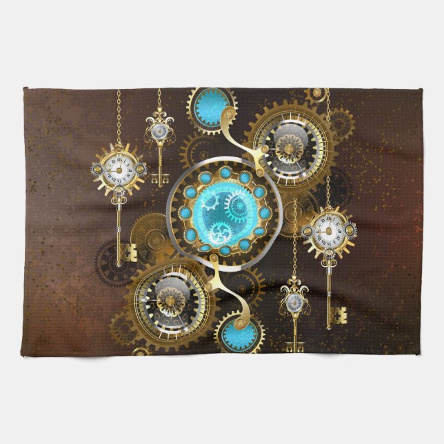 Steampunk Rusty Background with Turquoise Lenses Tea Towel (Horizontal)