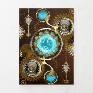 Steampunk Rusty Background with Turquoise Lenses Tri-Fold Announcement