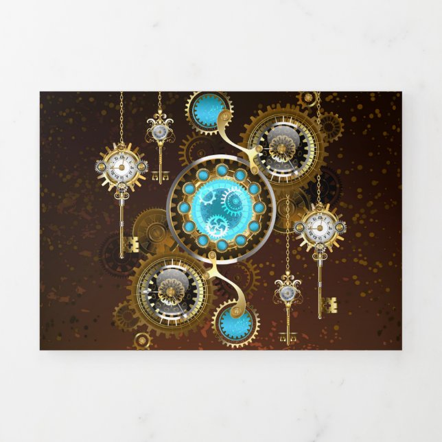 Steampunk Rusty Background with Turquoise Lenses Tri-Fold Card (Cover)