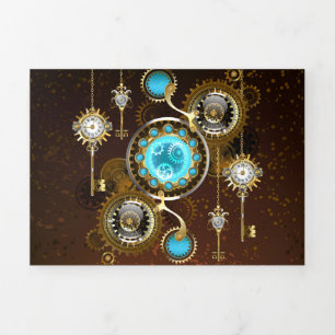 Steampunk Rusty Background with Turquoise Lenses Tri-Fold Invitation