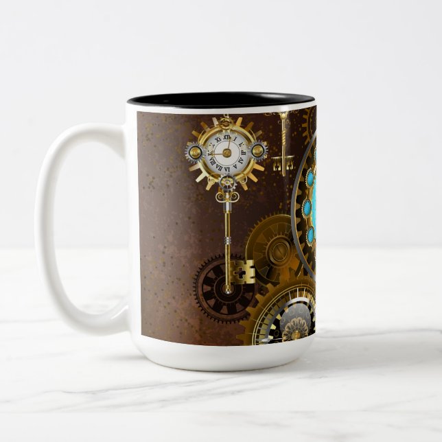 Steampunk Rusty Background with Turquoise Lenses Two-Tone Coffee Mug (Left)