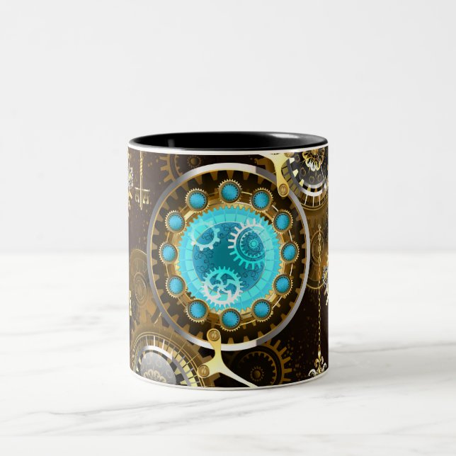 Steampunk Rusty Background with Turquoise Lenses Two-Tone Coffee Mug (Center)