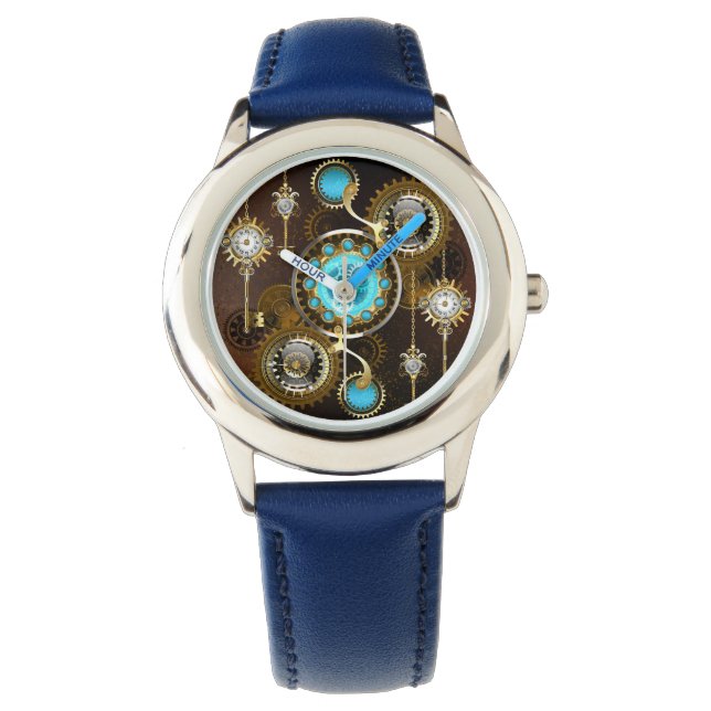 Steampunk Rusty Background with Turquoise Lenses Watch (Front)