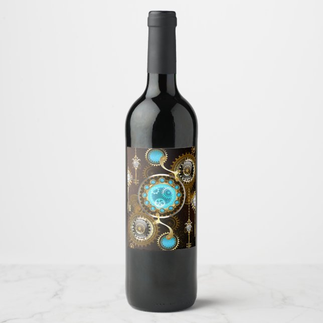 Steampunk Rusty Background with Turquoise Lenses Wine Label (Front)