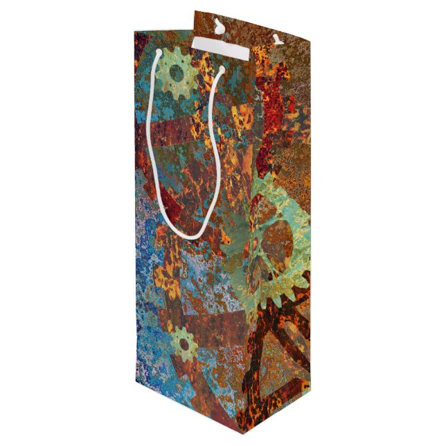 Steampunk Rusty Clockwork Gears Wine Gift Bag (Back Angled)