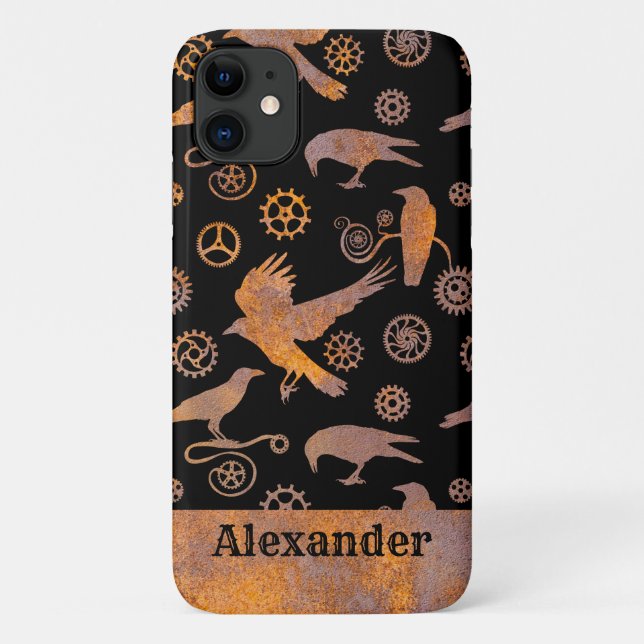 Steampunk Rusty Gears and Crows Custom Name Case-Mate iPhone Case (Back)