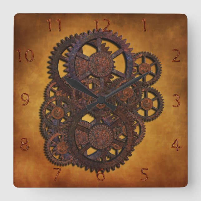 Steampunk Rusty Gears Square Wall Clock (Front)