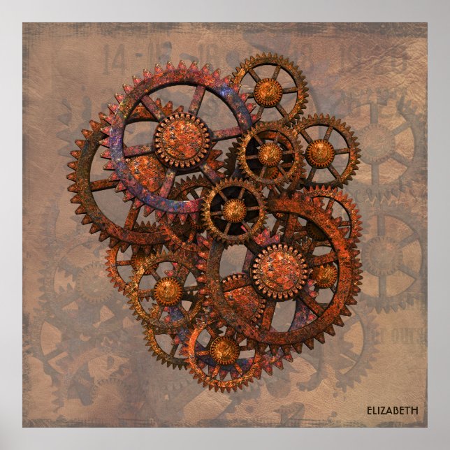 Steampunk Rusty Metal Gears With Shadows Poster (Front)