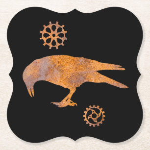 Steampunk Rusty Pecking Crow and Gears Paper Coaster