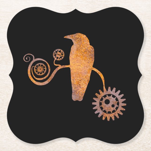 Steampunk Rusty Perching Crow and Gears Paper Coaster (Front)
